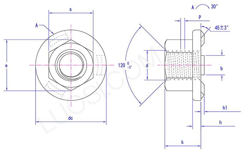 Weld hexagon nut with flange parameter